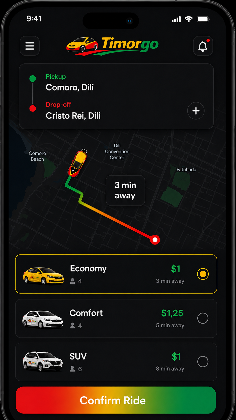 ReadyRide app booking screen