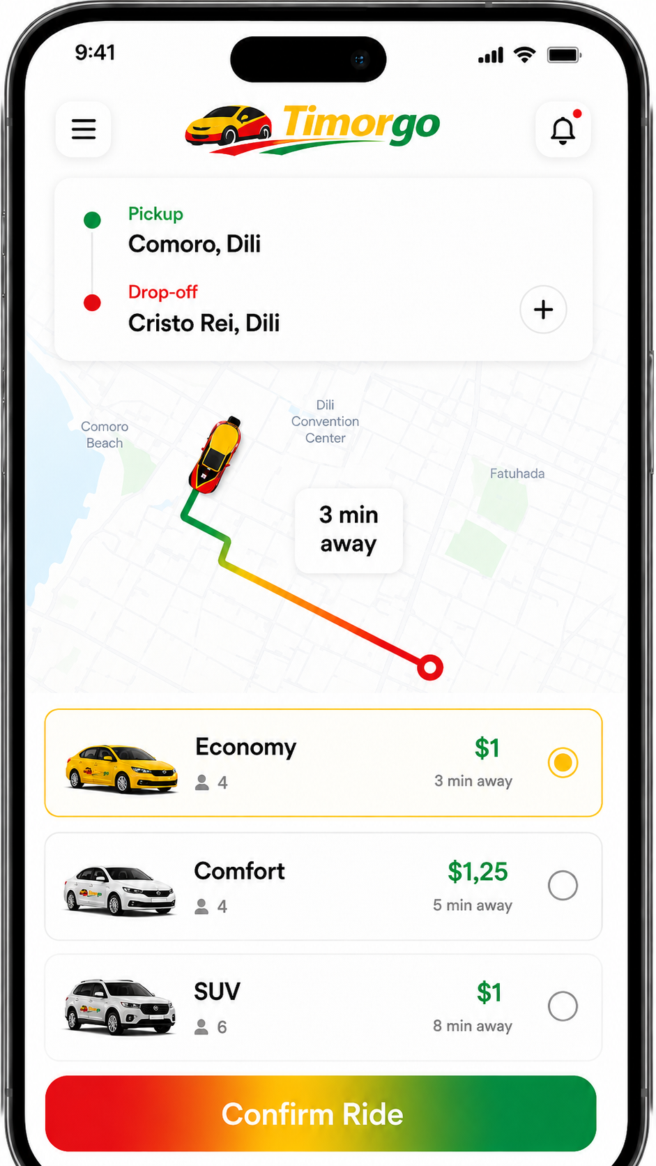 ReadyRide app booking screen